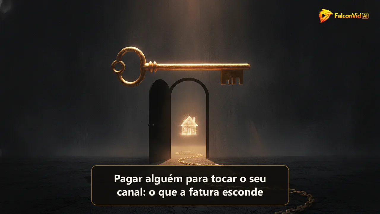 Uma chave dourada acima de uma porta escura projetando uma sombra em formato de corrente, representando a pergunta de posse por trás de um canal terceirizado