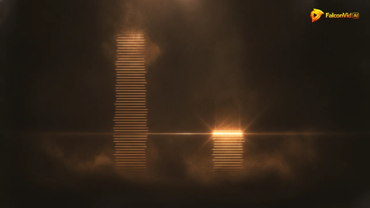 Two stacks of glowing bars side by side, one tall and dense and one short and compact, comparing the cost of outsourcing against automated production