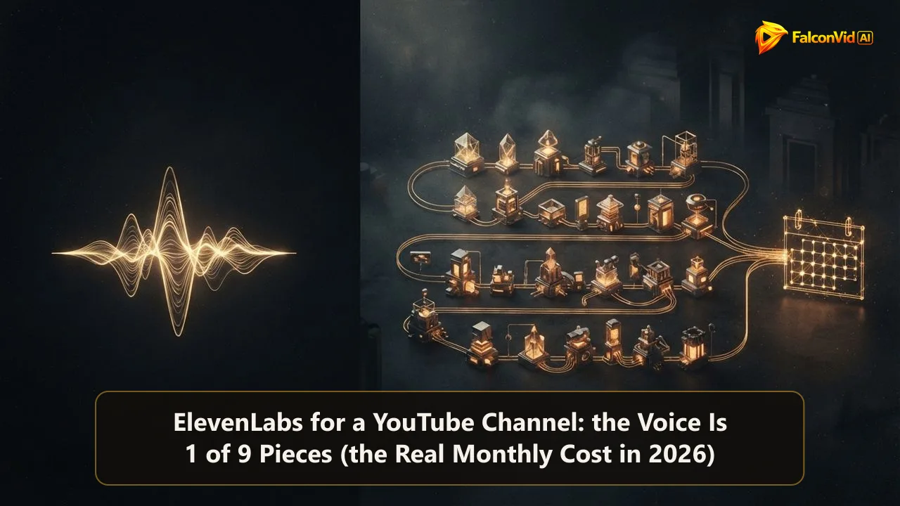 A single golden sound waveform floating alone in the dark on one side and a long golden production line of many stations flowing into a calendar on the other, the gap between a voice and a full channel
