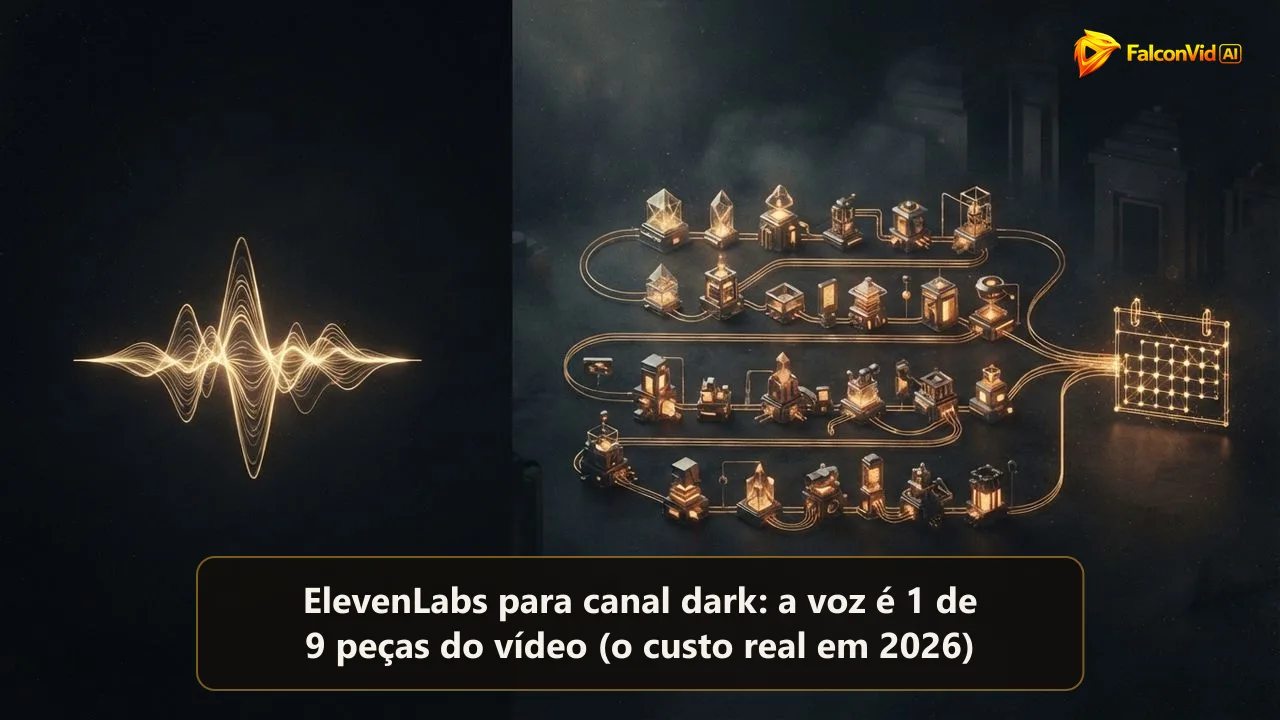 Uma única onda sonora dourada flutuando sozinha no escuro de um lado e uma longa linha de produção dourada com várias estações chegando a um calendário do outro, a distância entre uma voz e um canal inteiro