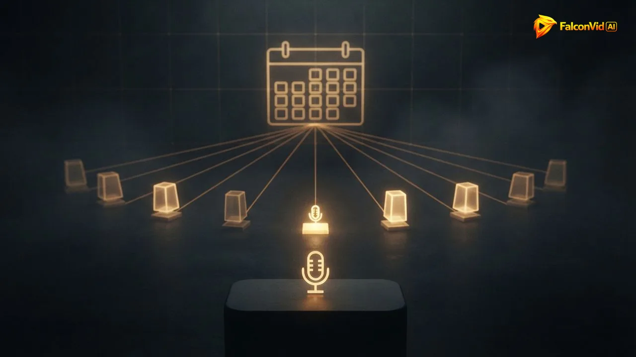 Un pequeño micrófono dorado que ilumina solo una de nueve estaciones brillantes, las otras ocho más grandes y apagadas, todas unidas por líneas ámbar a un calendario, la voz como una pieza del video de canal