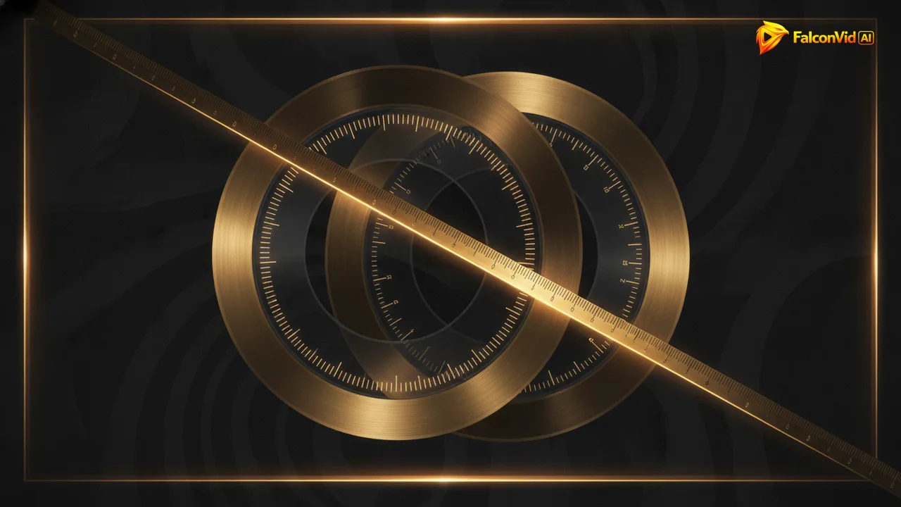 Two overlapping sets of golden dials and measuring rules, one on a decimal scale and one on an imperial scale, with tick marks that never line up