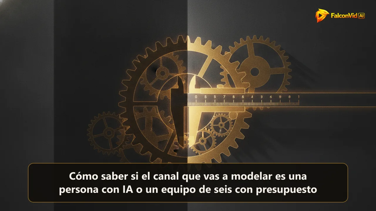 Una silueta de engranajes dorados vista a través de una pared translúcida mientras un calibre luminoso mide el más grande.