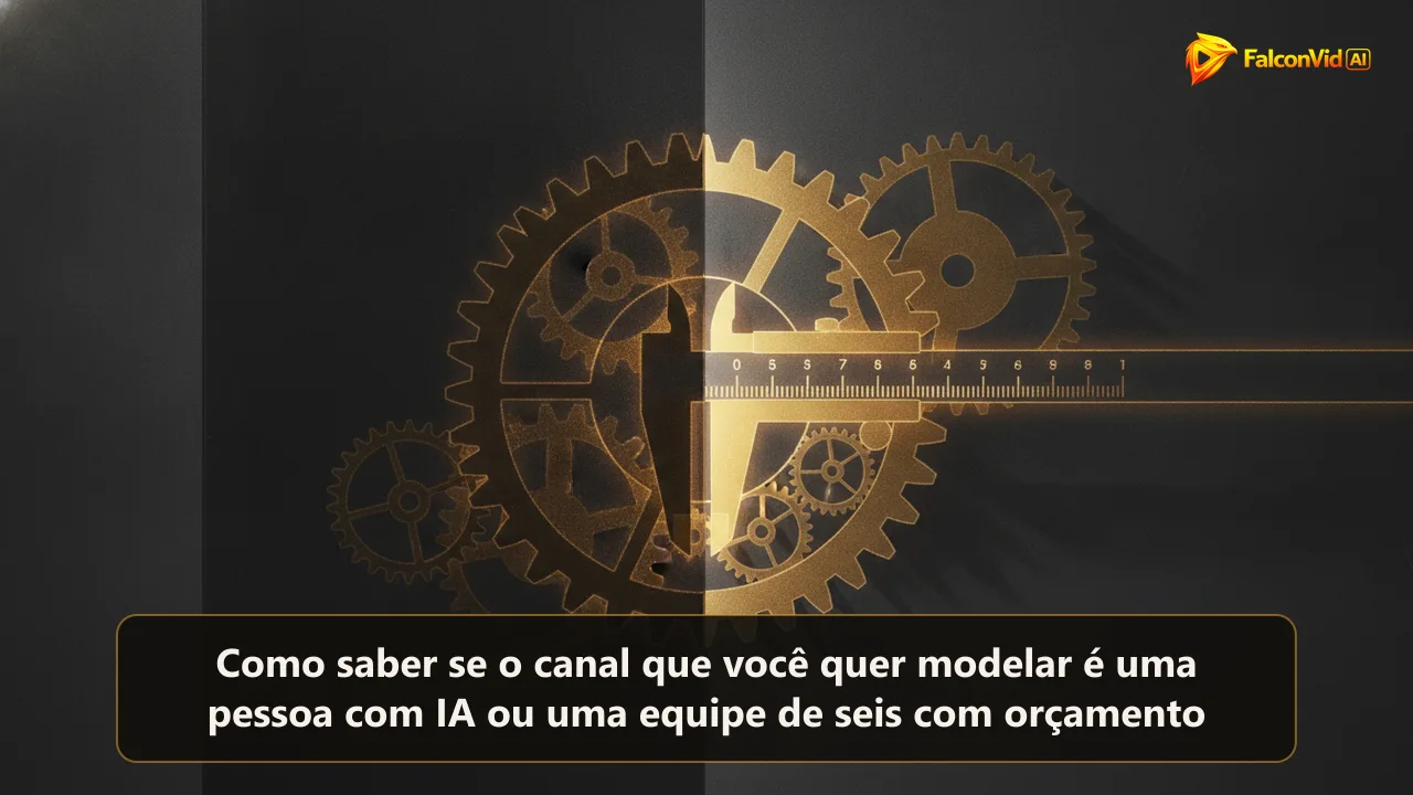 Uma silhueta de engrenagens douradas vista através de uma parede translúcida enquanto um paquímetro luminoso mede a maior delas.