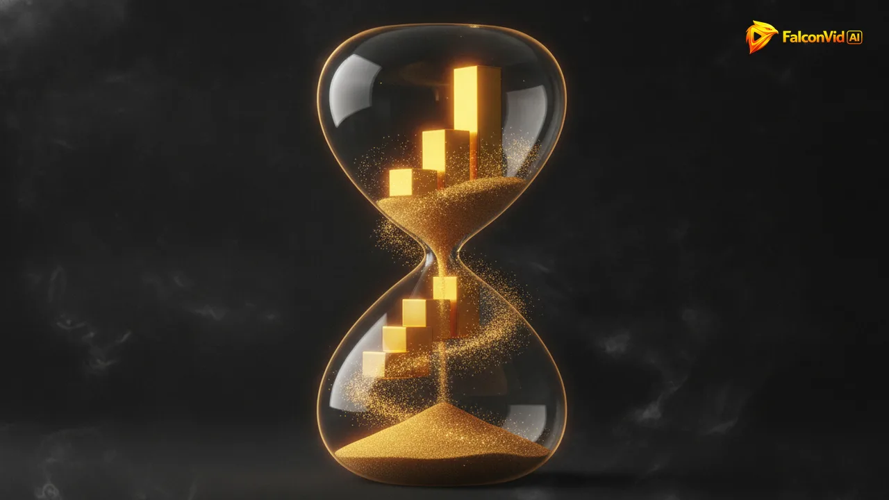 Five golden bars of different heights stacked inside a wide translucent hourglass, each one glowing with its own light.