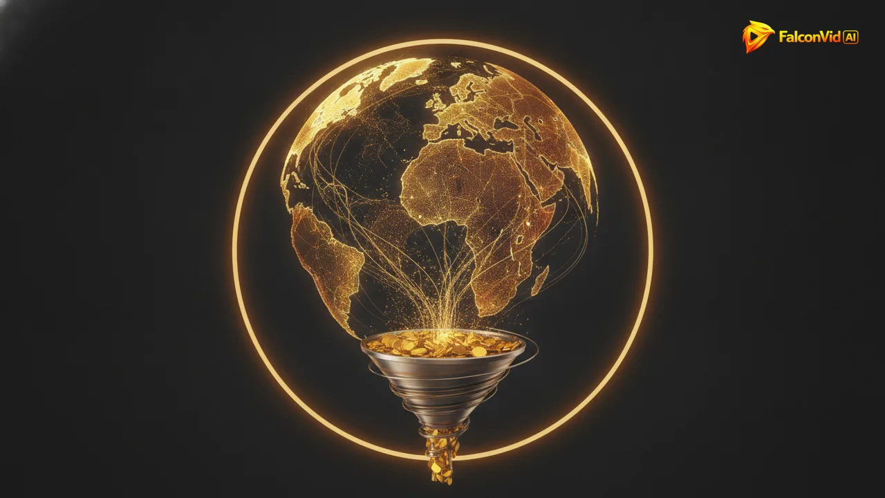 Abstract wireframe globe with regions glowing at very different intensities, golden streams of light flowing from the brightest regions into a funnel of coins below