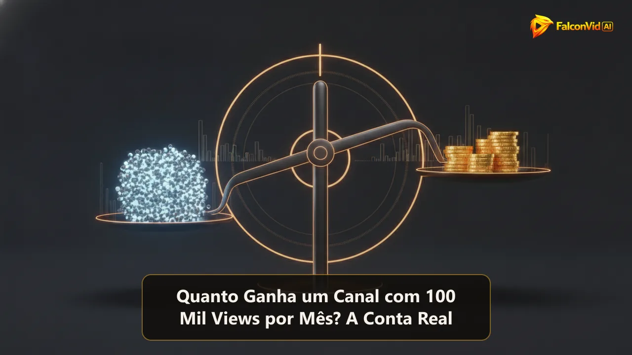 Ilustração editorial abstrata de uma balança pesando um aglomerado de contadores de visualização brilhantes contra uma pequena pilha de moedas douradas, sobre fundo carvão