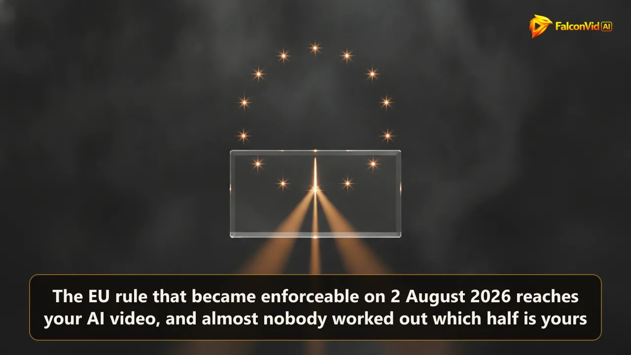 Dark editorial illustration of twelve amber European stars above a glass video frame crossed by a beam of light that splits into two paths