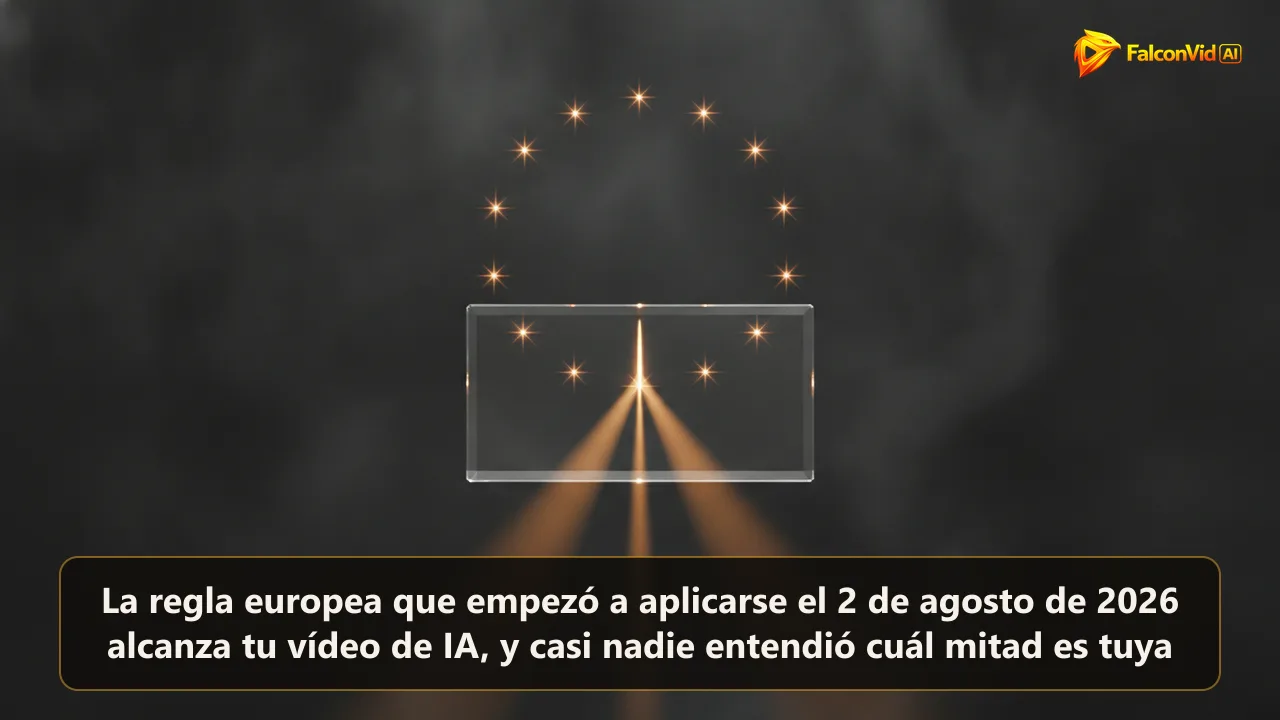 Ilustración editorial oscura con estrellas ámbar de la Unión Europea sobre un marco de vídeo de cristal atravesado por un haz de luz que se divide en dos caminos