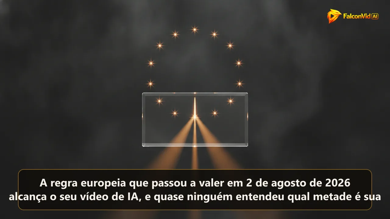 Ilustração editorial escura com estrelas âmbar da União Europeia sobre um quadro de vídeo de vidro atravessado por um feixe de luz que se divide em dois caminhos