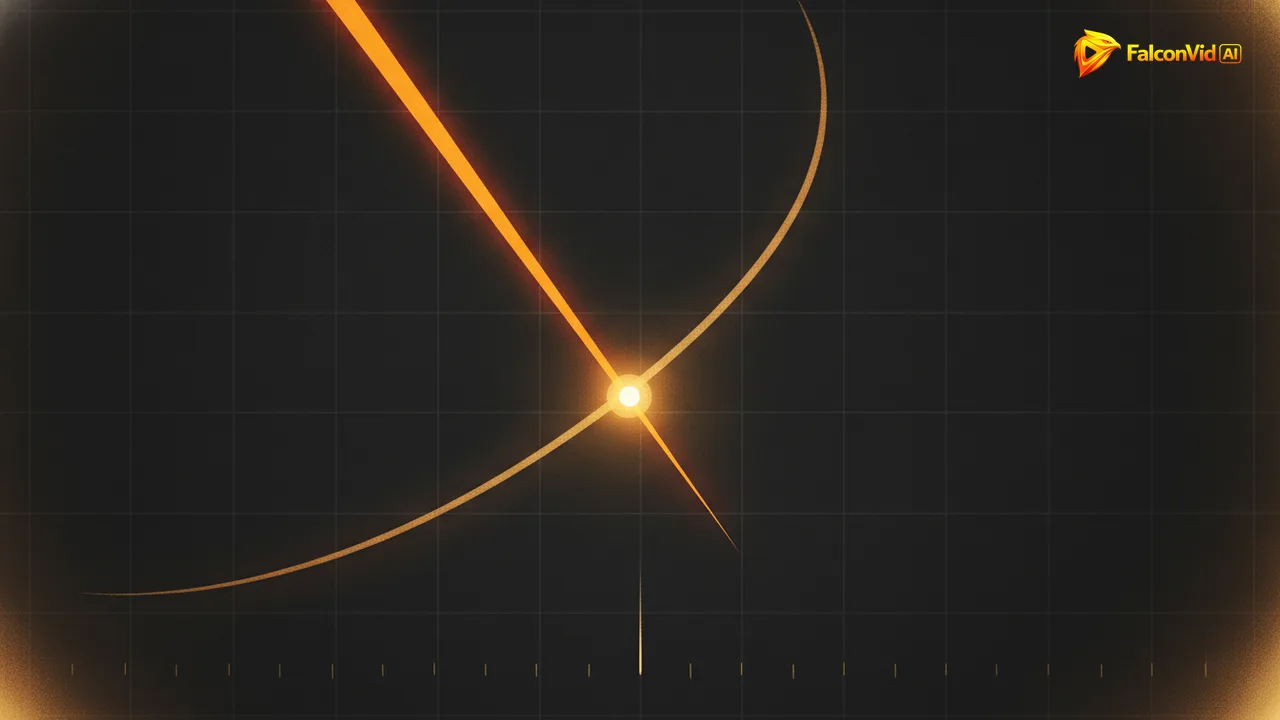 Two golden lines crossing over a dark grid, one falling steeply and the other rising, with a bright dot on the crossing point.