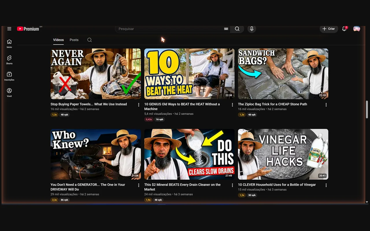 YouTube video grid with colored outlier tags and views per hour under each thumbnail