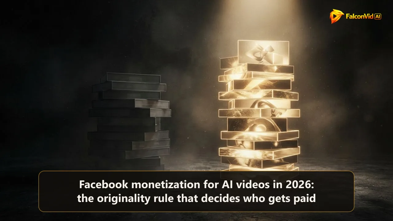 Two stacks of video frames on a dark floor, one of identical grey copies sinking into shadow and one of distinct golden frames rising into a beam of light