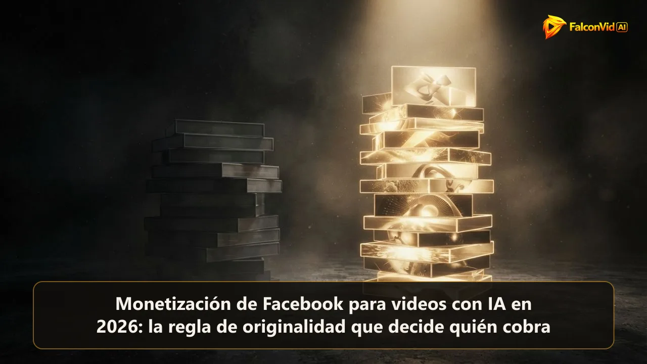 Dos pilas de cuadros de video sobre un suelo oscuro, una de copias grises idénticas hundiéndose en la sombra y otra de cuadros dorados distintos subiendo en un haz de luz