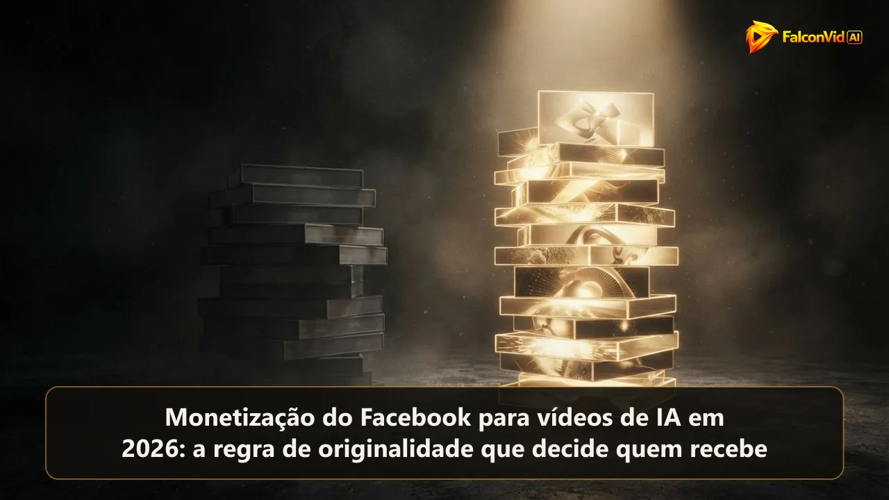 Duas pilhas de quadros de vídeo num chão escuro, uma de cópias cinzas idênticas afundando na sombra e outra de quadros dourados diferentes subindo num feixe de luz