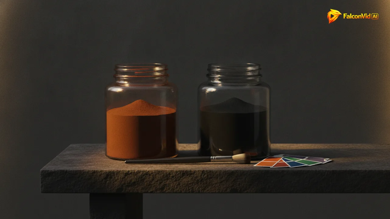 Two glass pigment jars, one amber and one charcoal, beside a brush and a fan of painted color chips lit by a golden beam