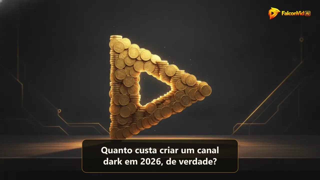 Botão de play do YouTube feito de moedas douradas representando o custo de um canal dark