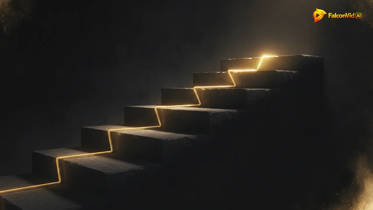 Three ascending stone steps in deep shadow with a golden line climbing across them, the third step catching the brightest light