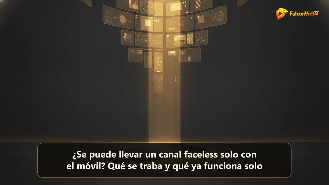 Un móvil oscuro sobre un escritorio de carbón con una columna de luz dorada saliendo de la pantalla y abriéndose en paneles flotantes, como una sala de producción funcionando en otro lugar.