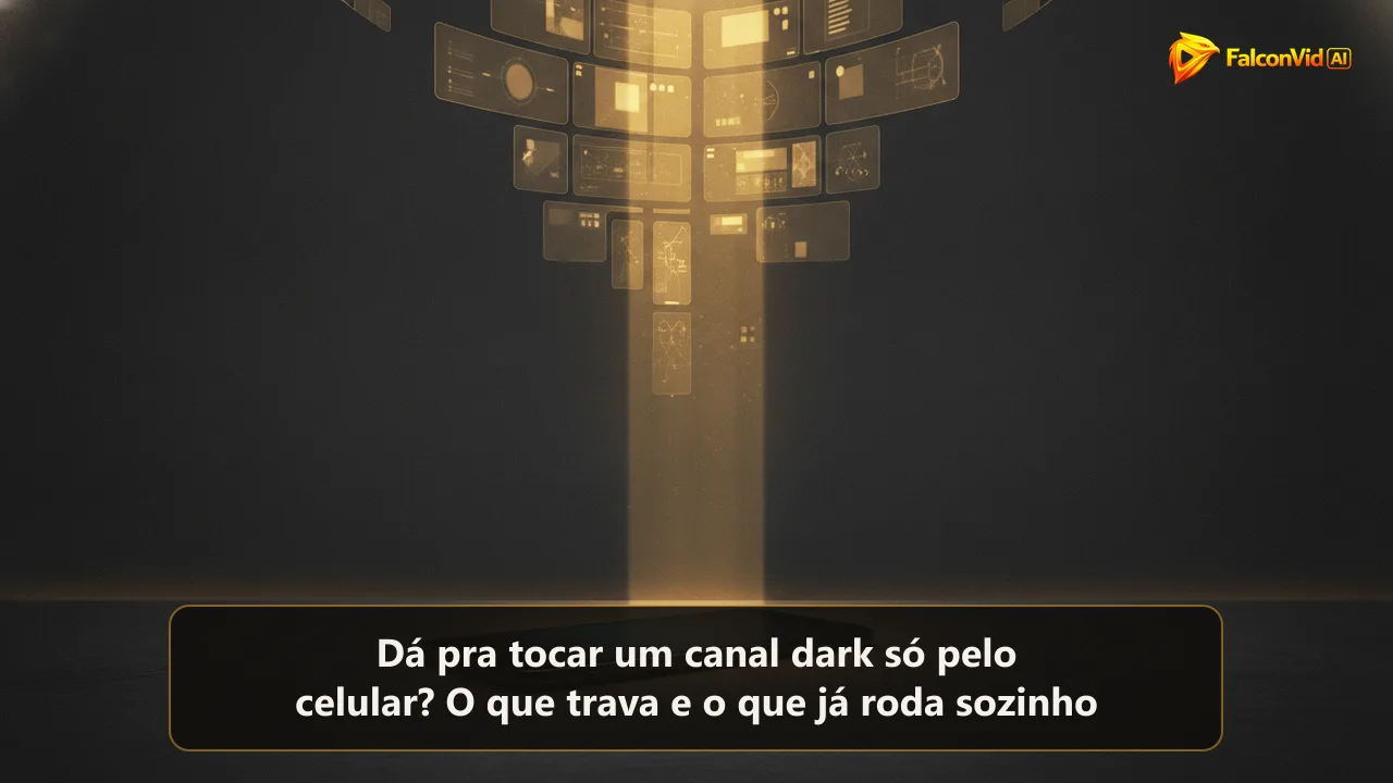Um celular escuro sobre uma mesa de carvão com uma coluna de luz dourada saindo da tela e se abrindo em painéis flutuantes, como uma sala de produção rodando em outro lugar.