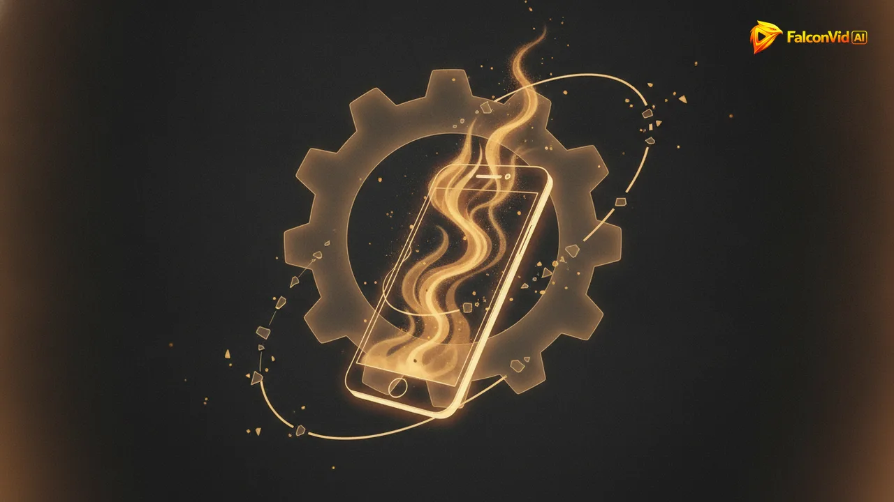 A glowing smartphone outline dissolving into rising heat waves and embers while a large luminous gear behind it slows down and loses its edges.