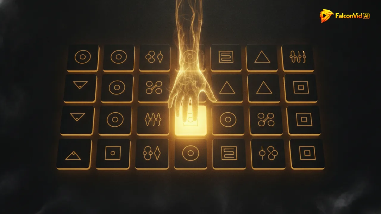 Grid of golden tiles in the dark with a hand of light hovering over one chosen tile