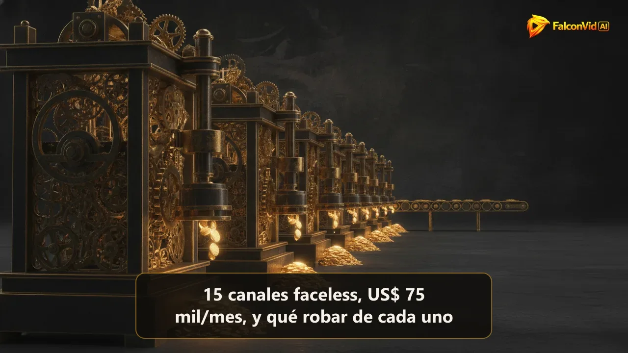 Una larga fila de máquinas doradas de engranajes acuñando monedas brillantes en la oscuridad sin personas, luz dorada cálida sobre fondo carbón