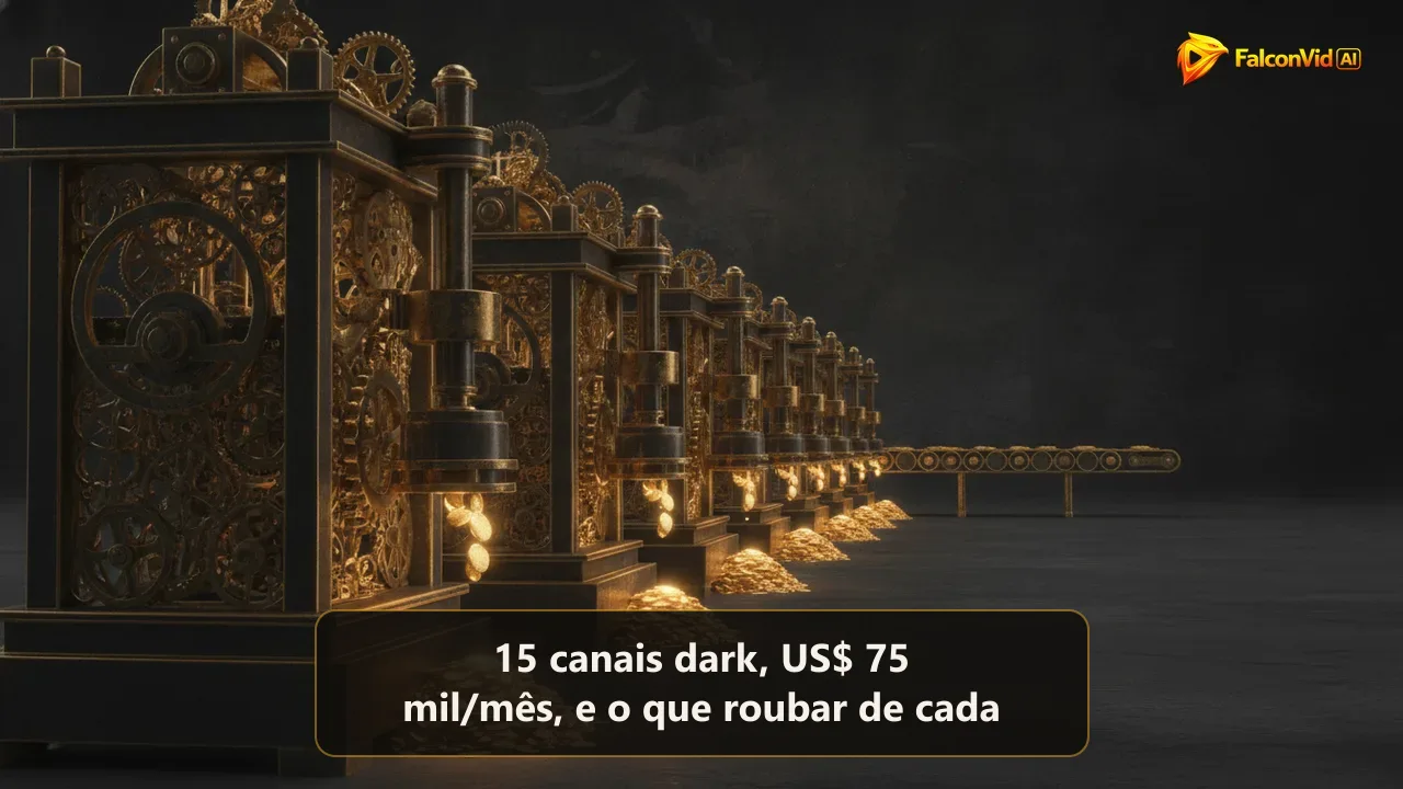 Uma longa fileira de máquinas douradas de engrenagens cunhando moedas brilhantes no escuro sem pessoas, luz dourada quente sobre fundo carvão