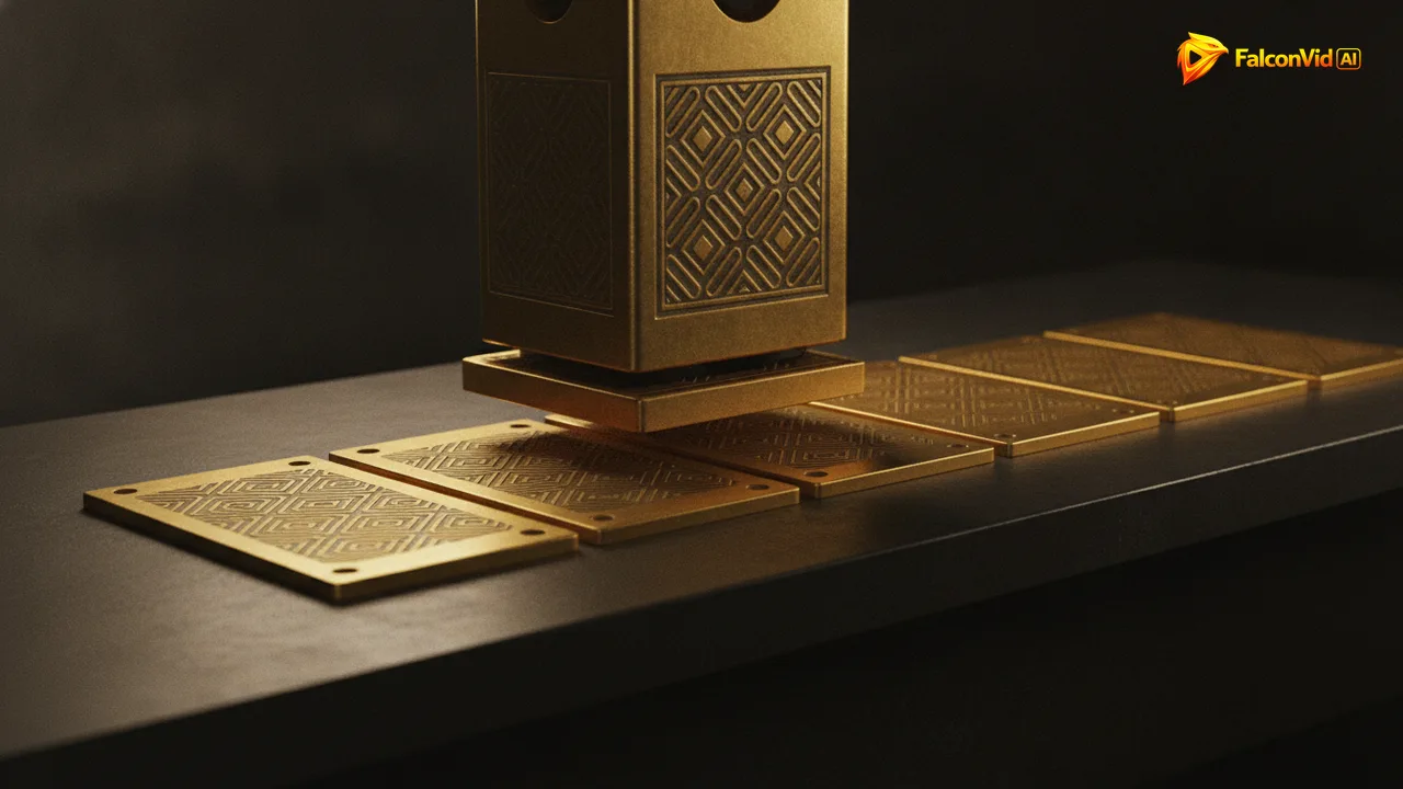 A single golden metal die stamping a row of identical brass plates on a dark workbench, warm golden light against a charcoal background