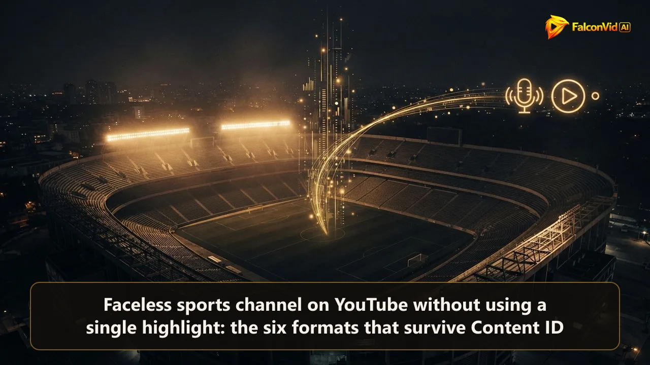 An empty floodlit stadium at night seen from above, with a golden stream of data rising from the pitch toward a microphone and a play button, a faceless sports channel built on words instead of footage