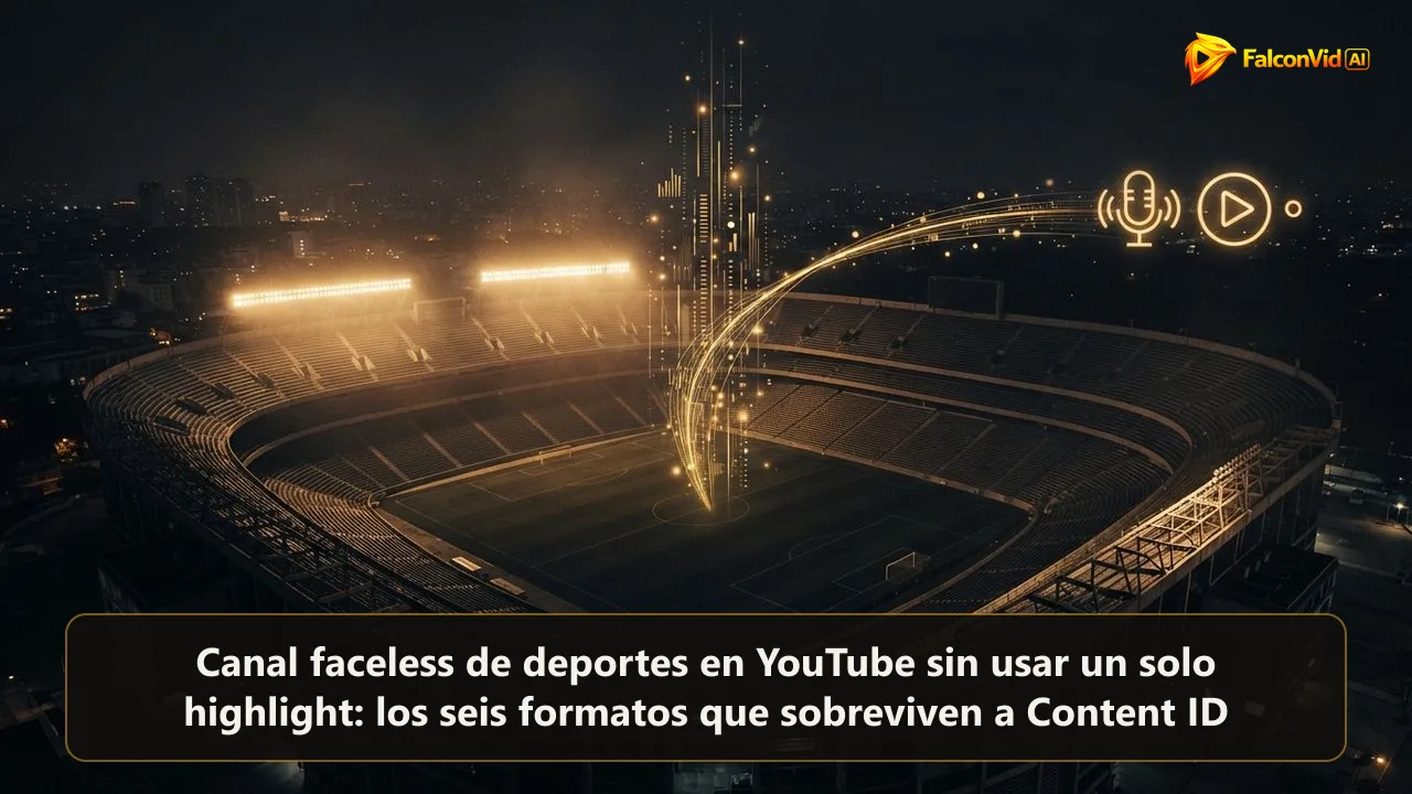 Un estadio vacío e iluminado de noche visto desde arriba, con un flujo dorado de datos subiendo del césped hacia un micrófono y un botón de play, un canal faceless de deportes construido con palabras en vez de imágenes de partido