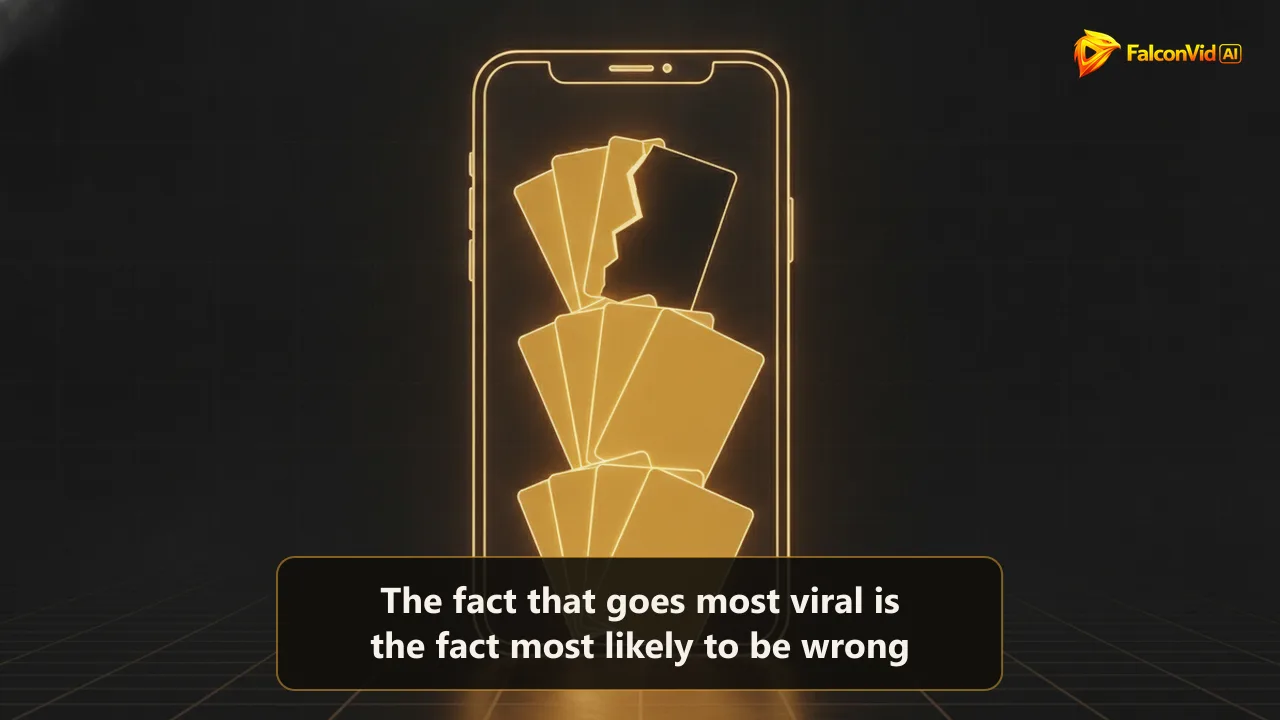 A phone shaped frame of light with glowing golden cards rising from it, one card cracked and dark, like a facts channel where one wrong fact breaks the series
