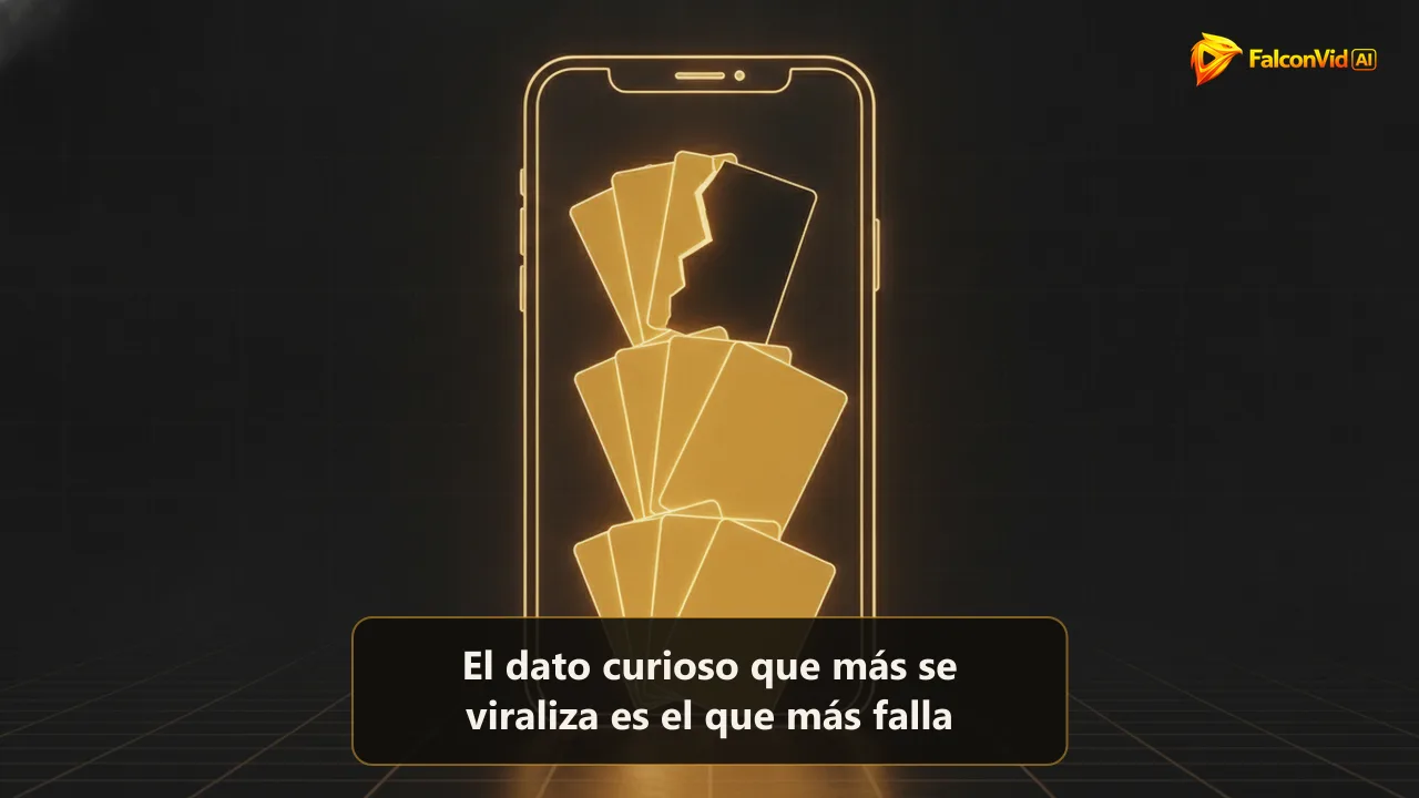 Marco de luz con forma de pantalla de celular del que salen tarjetas doradas brillantes, una rota y apagada, como un canal de datos curiosos donde un dato falso rompe la serie