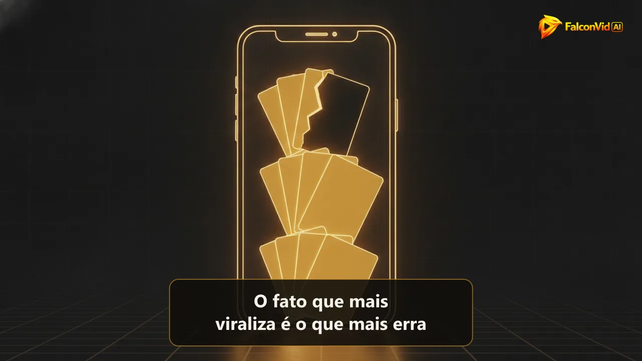 Moldura de luz no formato de tela de celular com cartões dourados brilhantes saindo dela, um deles rachado e apagado, como um canal de curiosidades em que um fato errado quebra a série