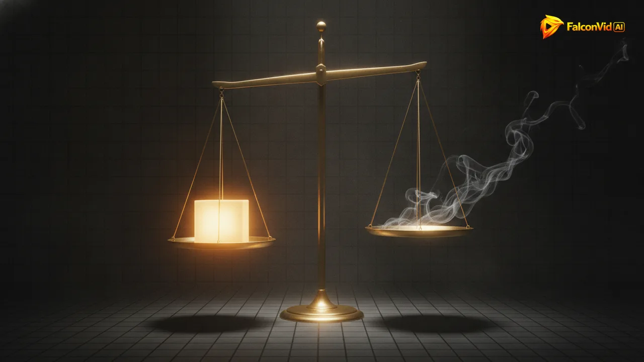 A golden scale with one solid glowing side and one side of dissolving smoke, a verified fact weighed against a myth