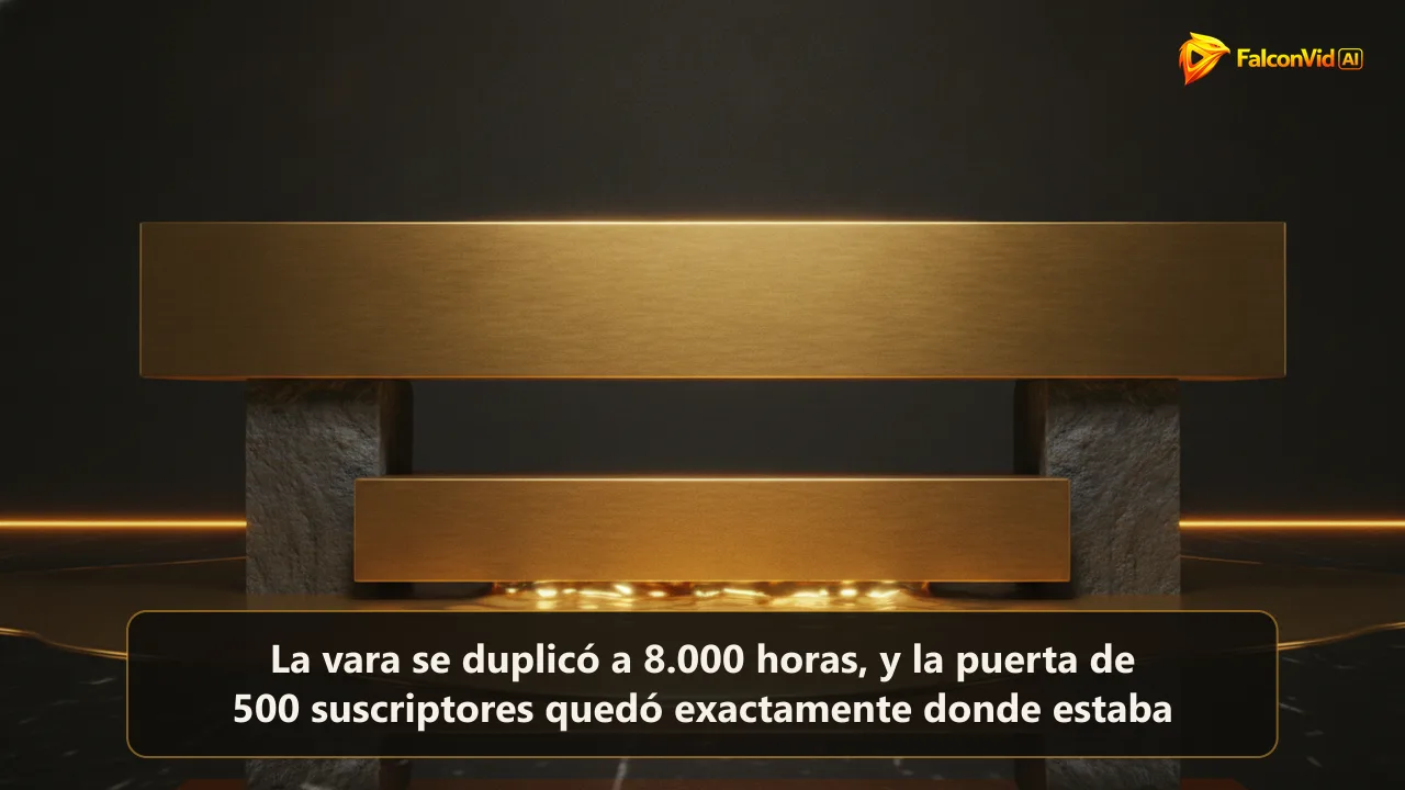 Una barra dorada elevada sobre dos pilares oscuros mientras una segunda barra dorada más baja permanece fija a la mitad de la altura con luz cálida pasando por debajo