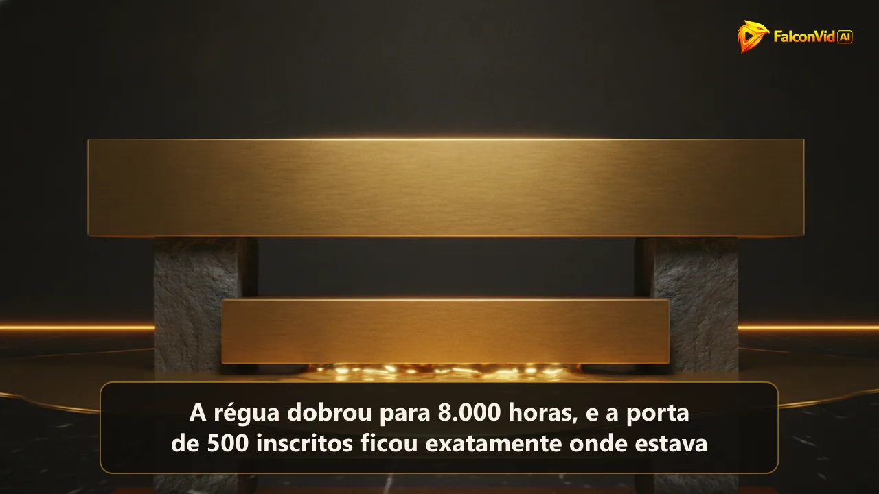 Uma barra dourada erguida no alto de dois pilares escuros enquanto uma segunda barra dourada, mais baixa, fica parada na metade da altura com luz quente passando por baixo