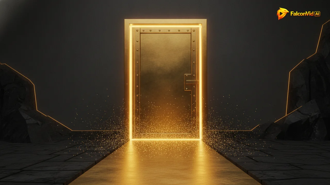 Two golden portals along the same axis, the near one low and wide and standing open with light pouring through, the far one twice as tall and sealed shut