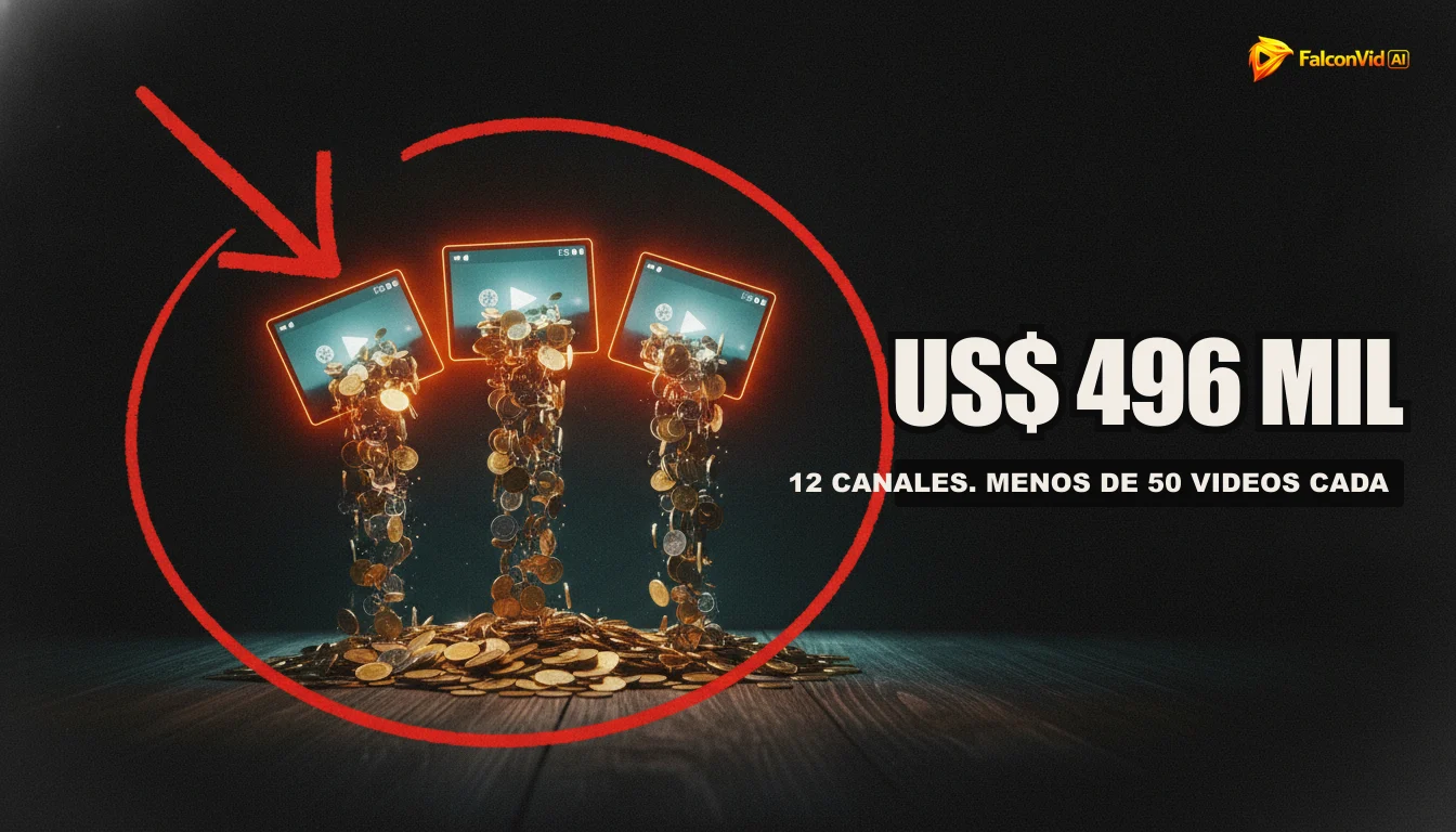 Una imagen que muestra una pantalla de ordenador con gráficos de YouTube y billetes de dólar flotando, simbolizando el éxito financiero de los canales faceless.