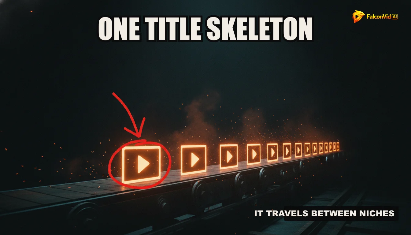 An illustration of a streamlined content pipeline, depicting automated research, scriptwriting, voiceover, visual generation, editing, and publishing on a conveyor belt.