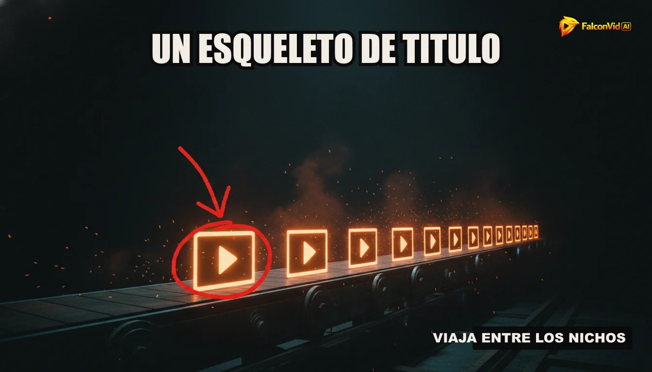 Una ilustración de una fábrica de contenido con una cinta transportadora que produce videos listos para ser publicados, representando la automatización de FalconVid.
