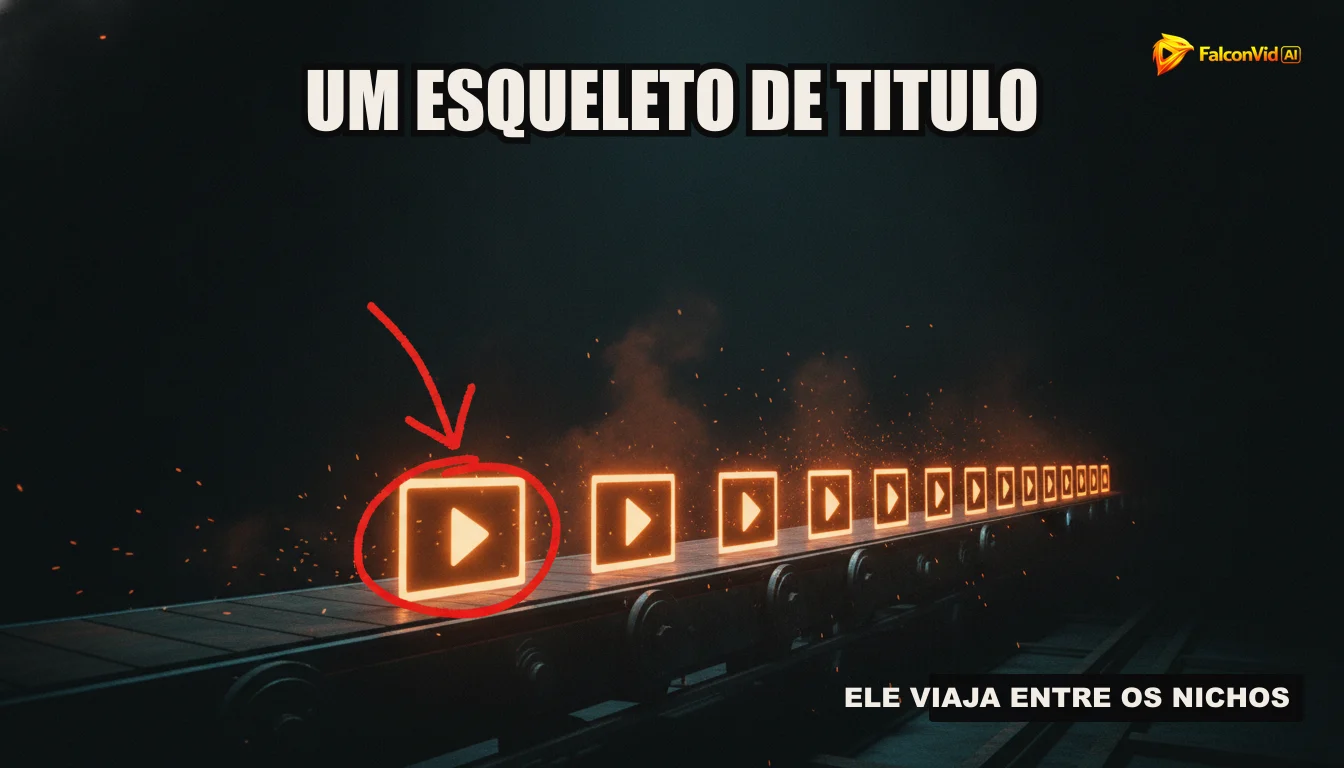 Uma ilustração de uma esteira transportadora futurista produzindo vídeos, com diferentes fases de criação visíveis, simbolizando a automação da produção de conteúdo.