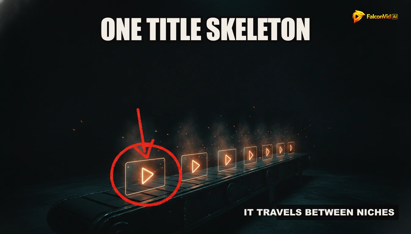 Conveyor belt stamping identical video thumbnails, one circled in red