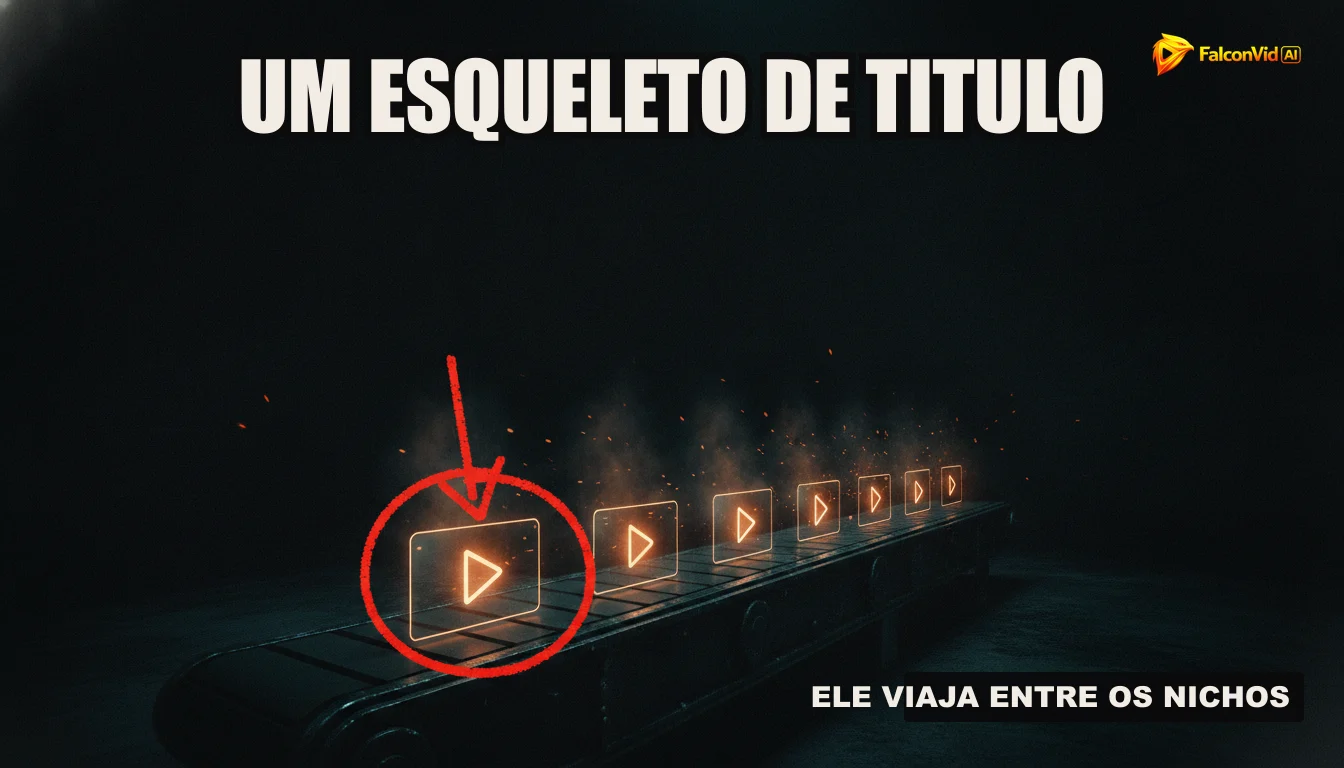 Esteira industrial estampando thumbnails de vídeo iguais, uma circulada em vermelho