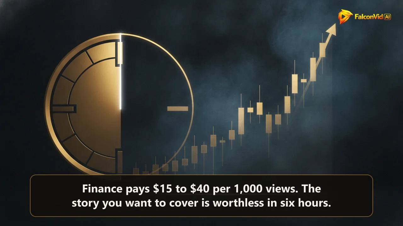 Diagram of a clock face with a narrow bright window next to a rising market chart, showing the short publishing window of a finance news video