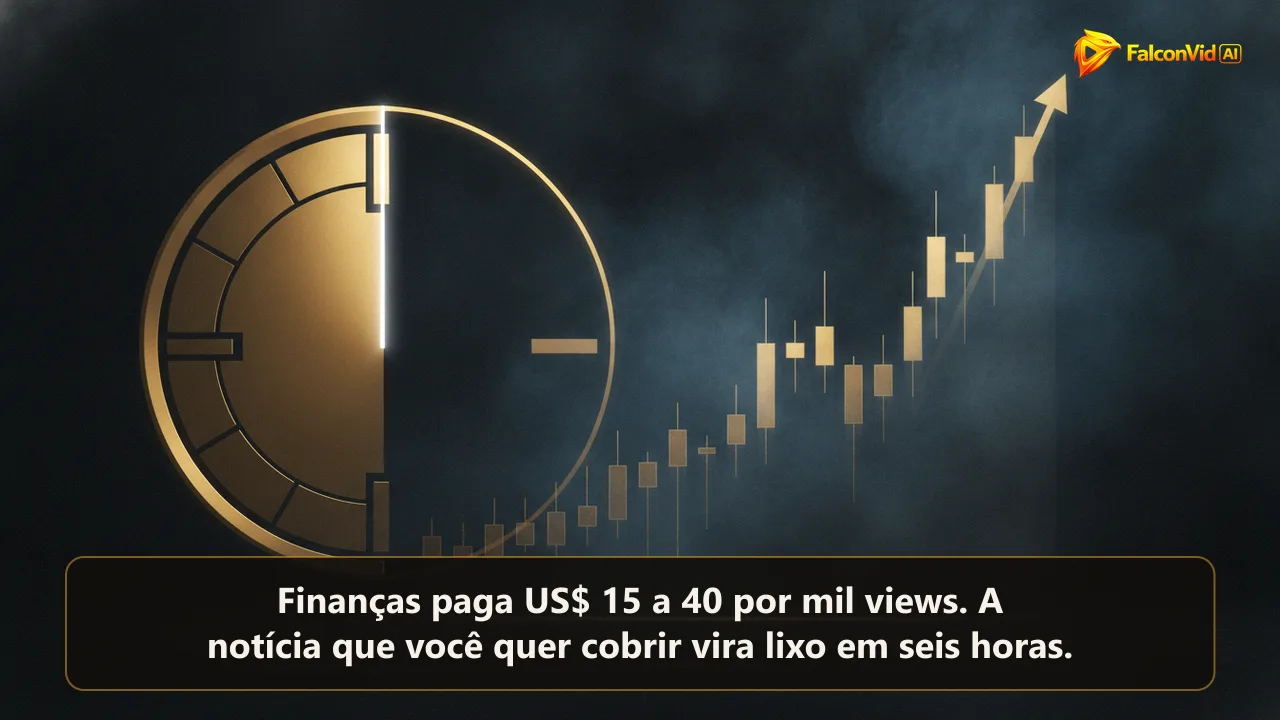 Diagrama de um relógio com uma janela estreita de luz ao lado de um gráfico de mercado subindo, mostrando o prazo curto de um vídeo de notícia financeira