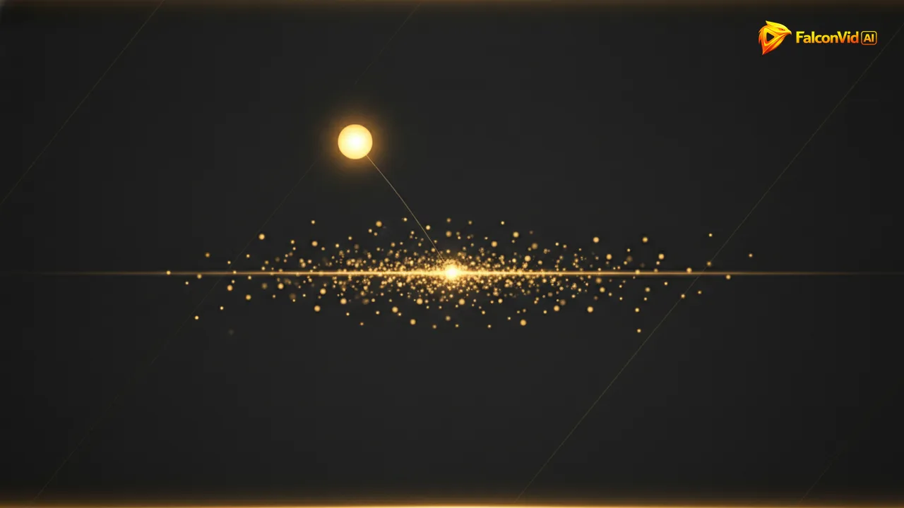 A cluster of small glowing dots along a horizontal golden line with one large bright dot isolated far above them.