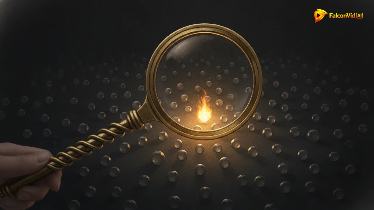 A brass magnifying glass over a dark field of dim spheres with one tiny sphere burning gold far brighter than the giants around it