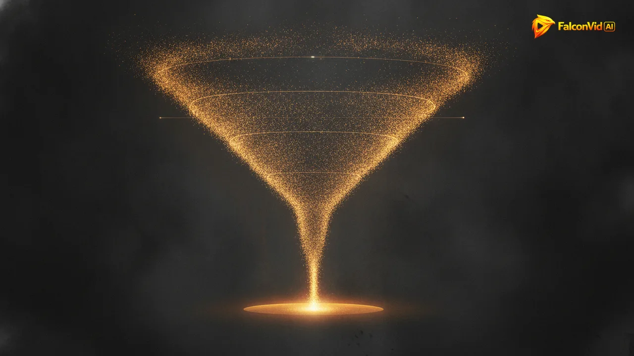 A wide funnel of glowing particles narrowing to a single bright thread with three measuring lines across it.