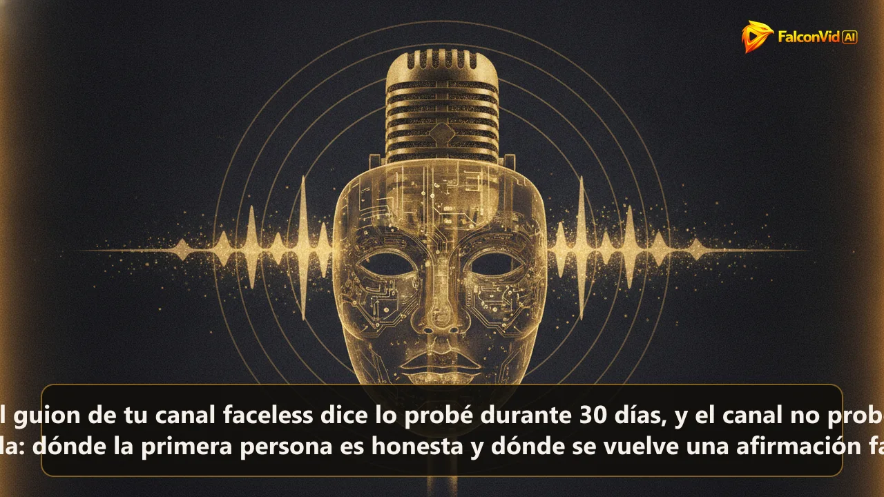 Una máscara dorada translúcida flotando frente a un micrófono mientras ondas sonoras doradas la atraviesan.